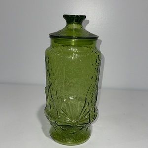 Vintage Avocado Green Anchor Hocking Spring Rain Flower Glass Tall Canister